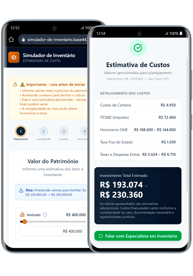 Dois smartphones exibindo a interface do simulador de inventário - o primeiro mostra a tela inicial do simulador e o segundo mostrando o resultado de uma simulação realizada.